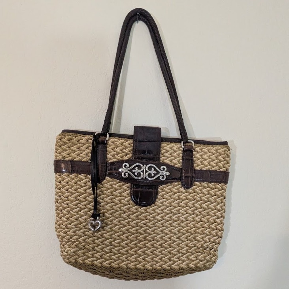VTG Brighton Woven Straw Tote Bag Brown Croc Embossed Accents‎ Heart Charm